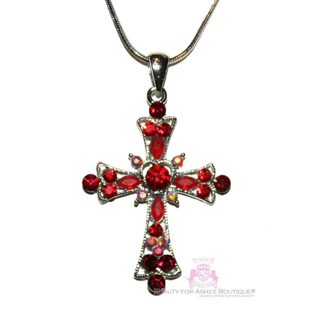 Red Austrian Crystal Cross Necklace - New w/Tags